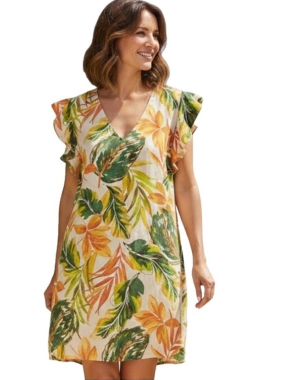 Nicole Miller Tropical Print Linen Vneck Shift Dress Size Large